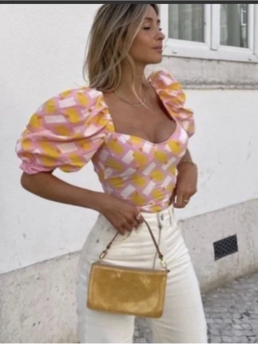 Zara Pink & Yellow Puff-Sleeve Smocked bodysuit